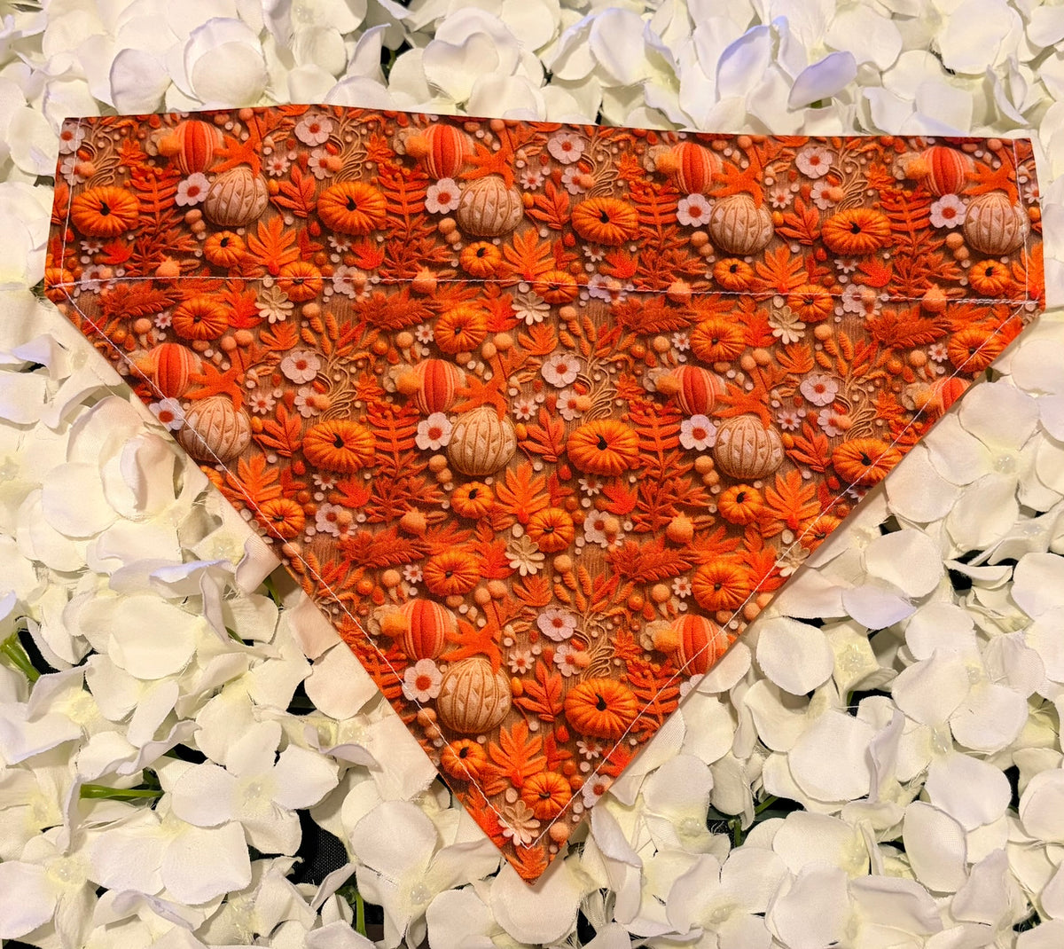 3D Pumpkin dog bandana in vibrant orange with pumpkin and floral print