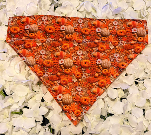 3D Pumpkin dog bandana in vibrant orange with pumpkin and floral print