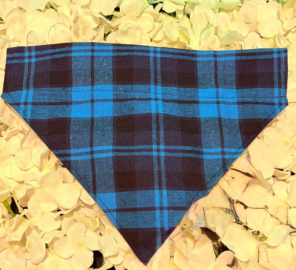 Blue tartan check dog bandana in navy and blue brushed cotton