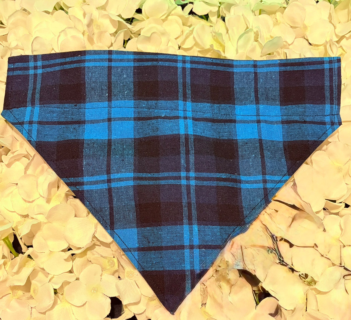 Blue tartan check dog bandana in navy and blue brushed cotton
