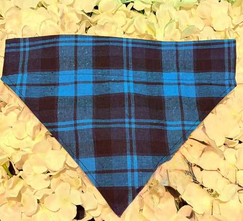 Blue tartan check dog bandana in navy and blue brushed cotton