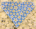 Blue daisy print dog bandana with white flowers on sky blue background