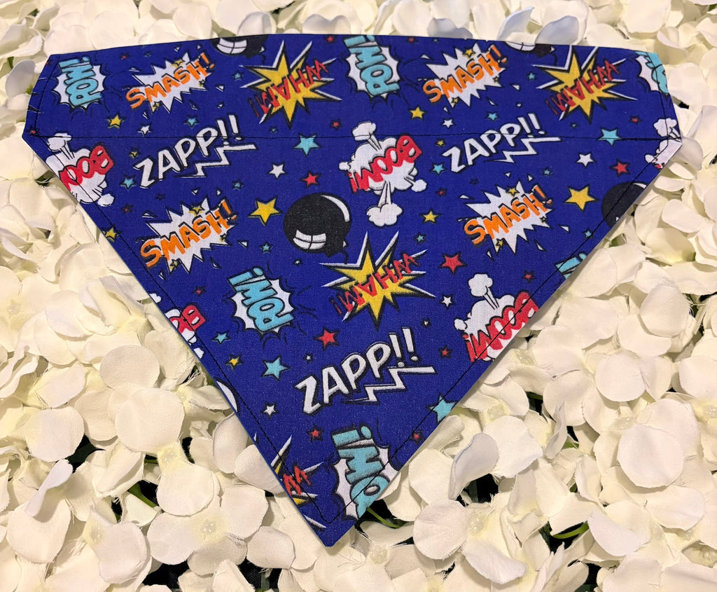 Blue dog bandana with comic-book POW SMASH ZAPP action words on white petals