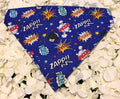 Blue dog bandana with comic-book POW SMASH ZAPP action words on white petals