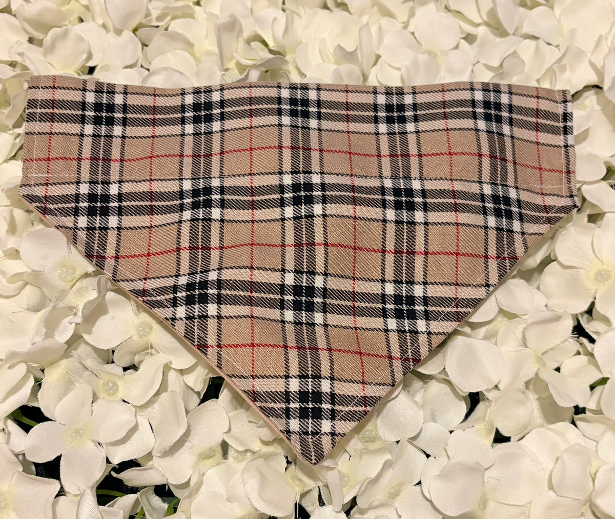 Burbury pattern dog bandana in camel, black and white check with red accent lines