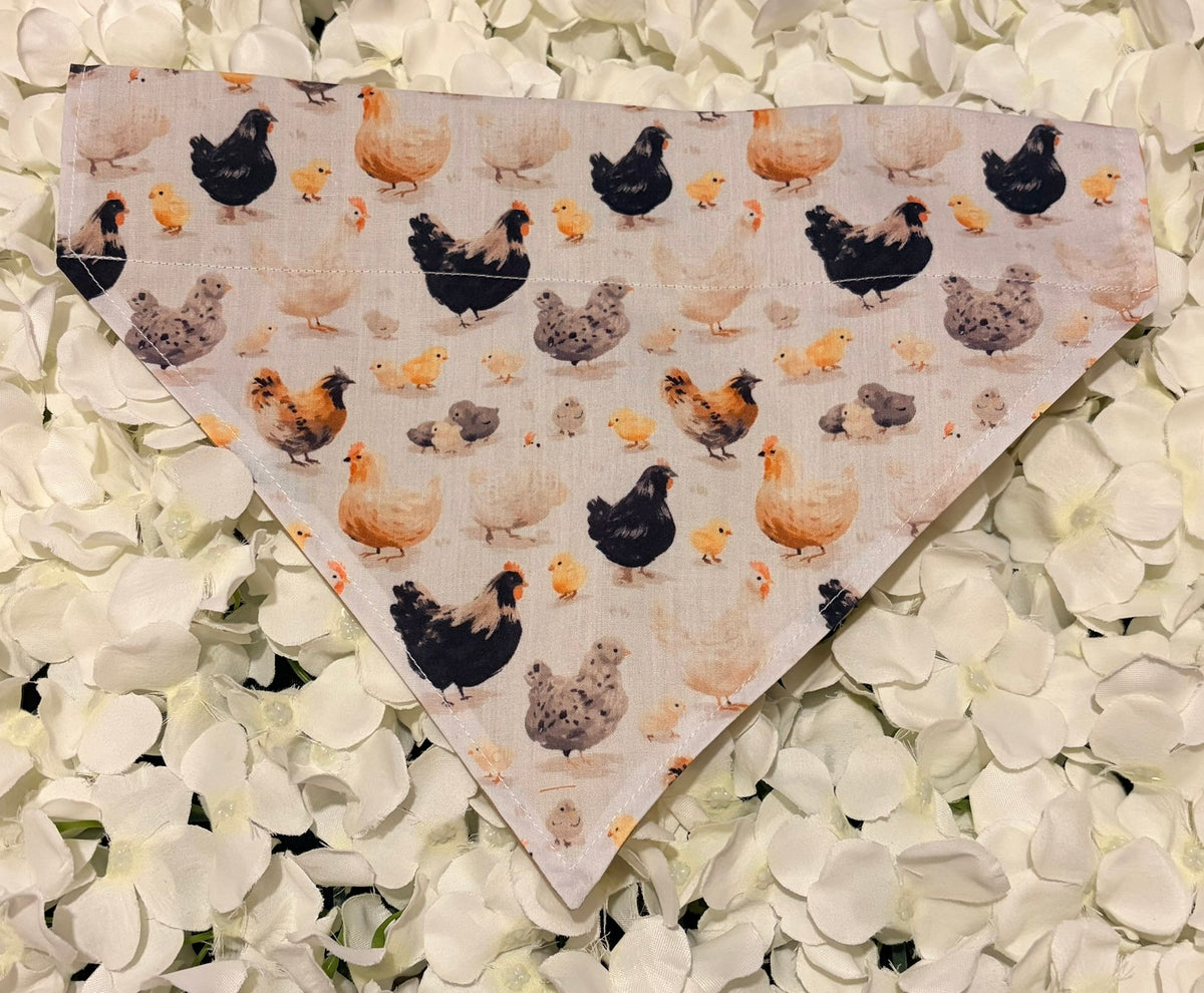 Chickens print dog bandana with hens and chicks on linen-style background