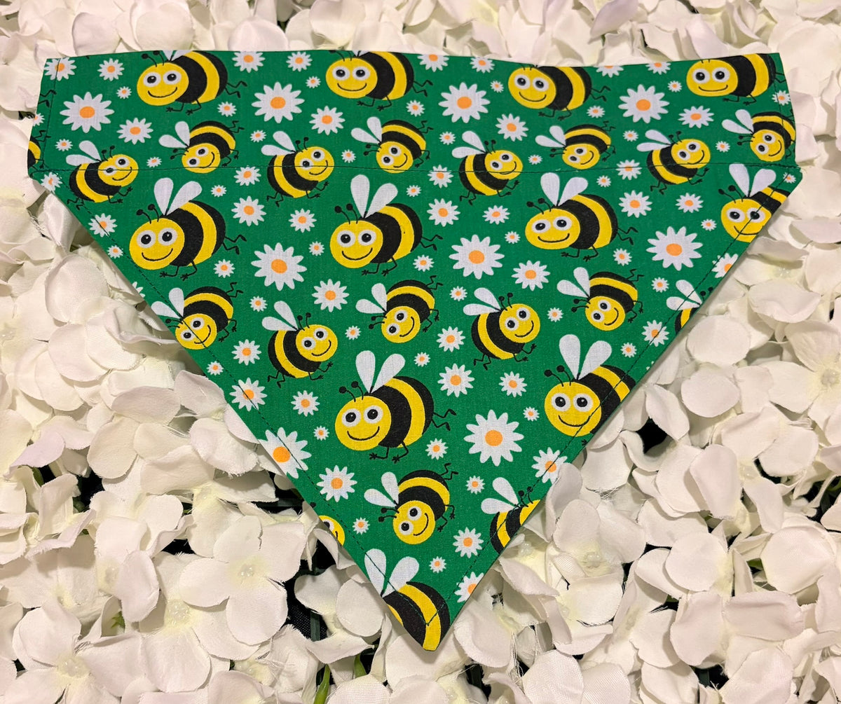 Dark green bees and daisies print dog bandana