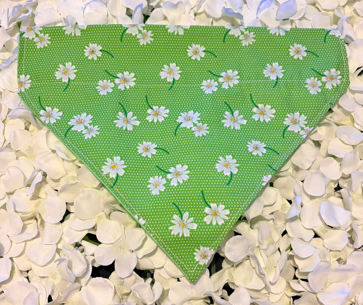 Green dog bandana with white daisy print on white petals