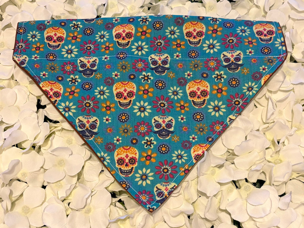 Blue Skulls and Flowers Bandana - Large