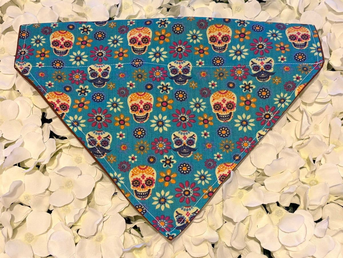 Blue Skulls and Flowers Bandana - Large