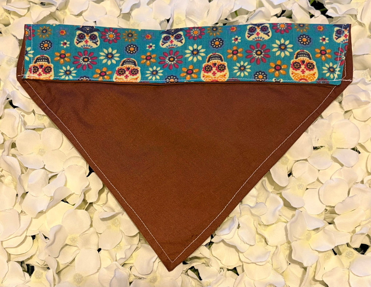 Blue Skulls and Flowers Bandana - Large