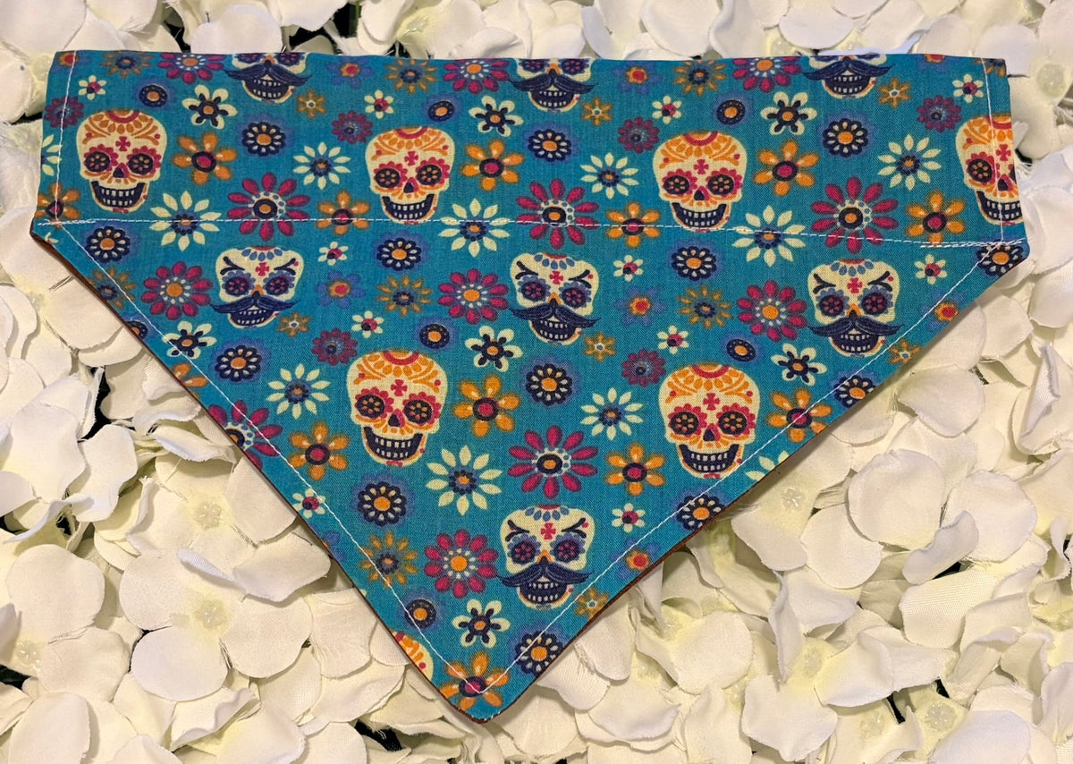 Blue Skulls and Flowers Bandana - Medium
