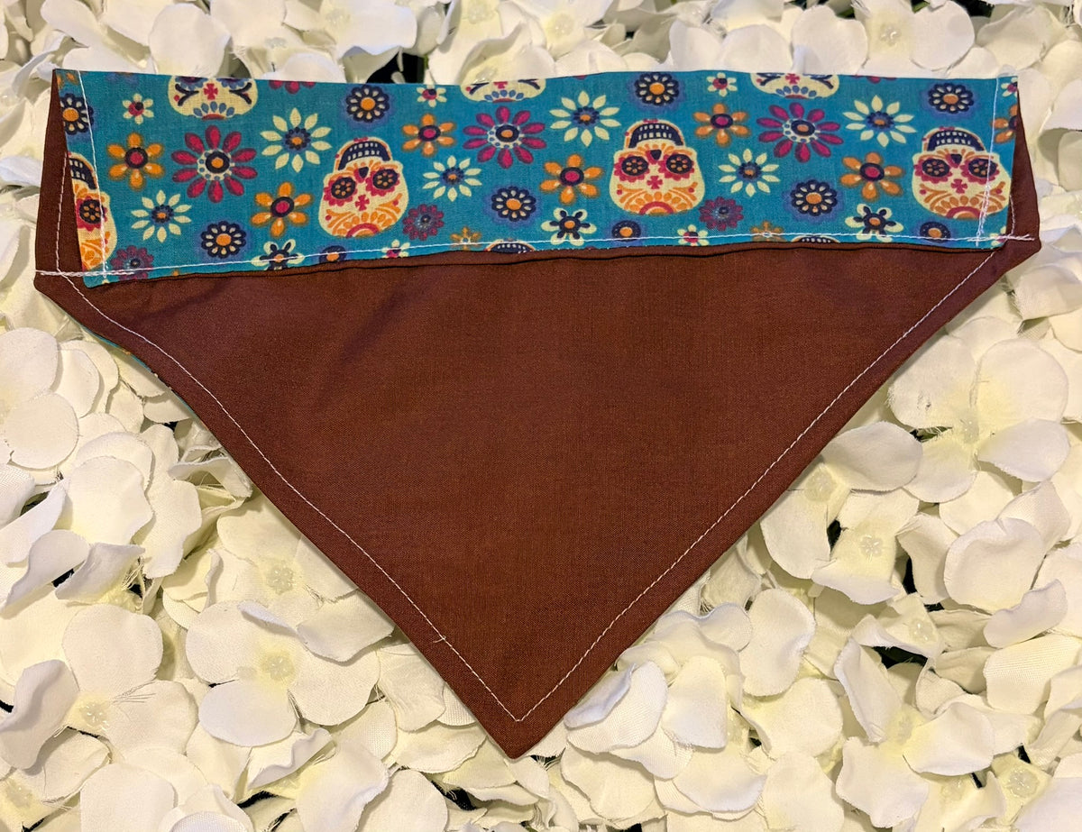 Blue Skulls and Flowers Bandana - Medium