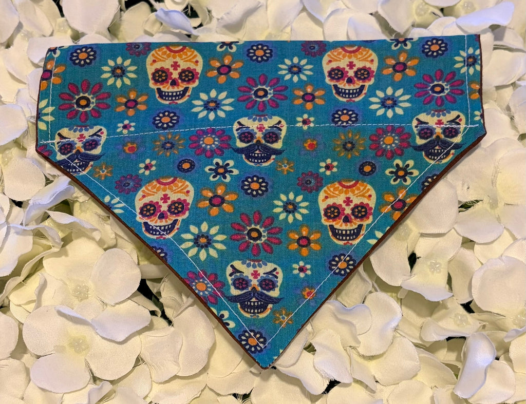 Blue Skulls and Flowers Bandana - Small