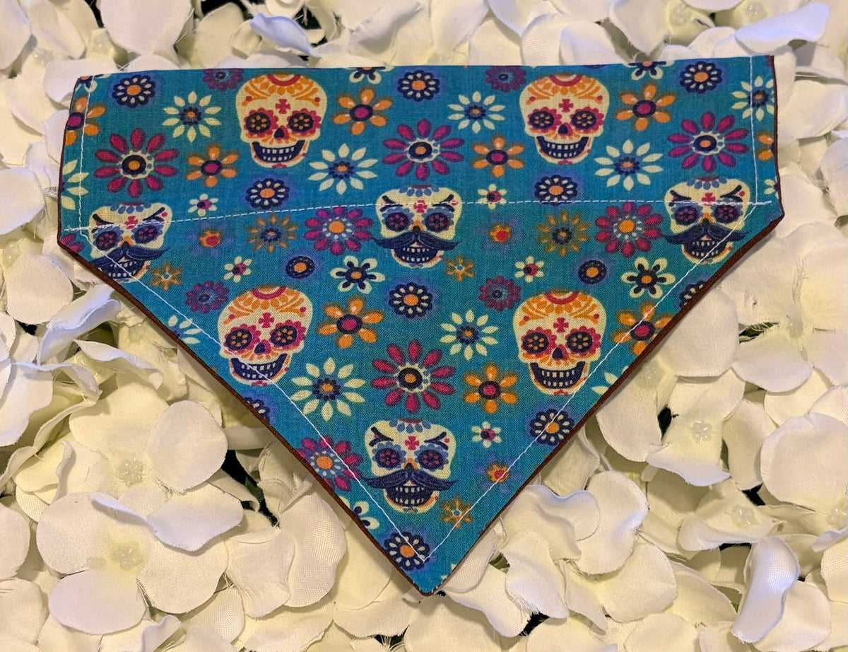 Blue Skulls and Flowers Bandana - Small