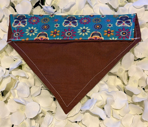 Blue Skulls and Flowers Bandana - Small