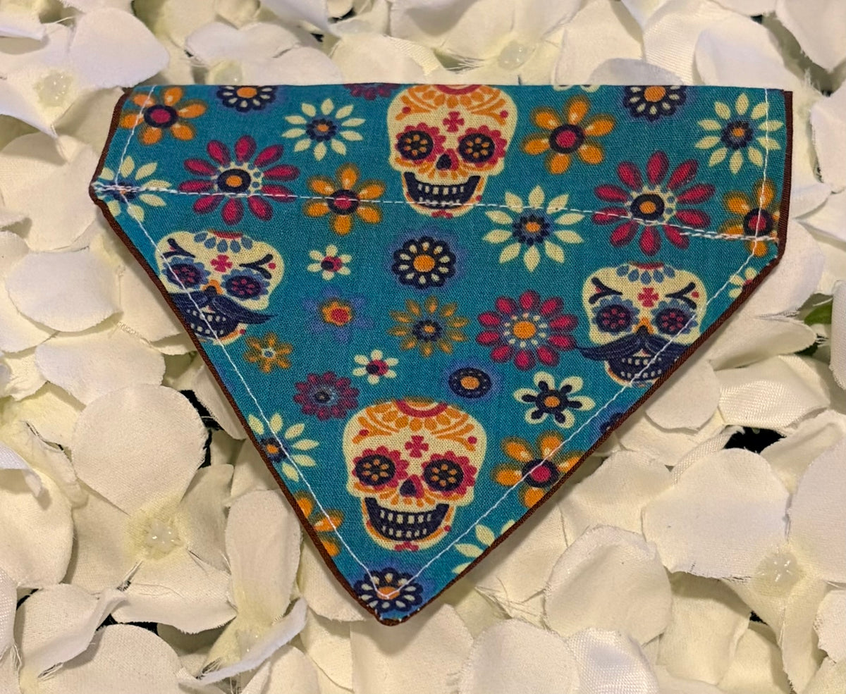 Blue Skulls and Flowers Bandana - Extra Small