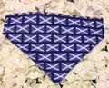 Scotland flag dog bandana with white saltire cross on royal blue background on white petals