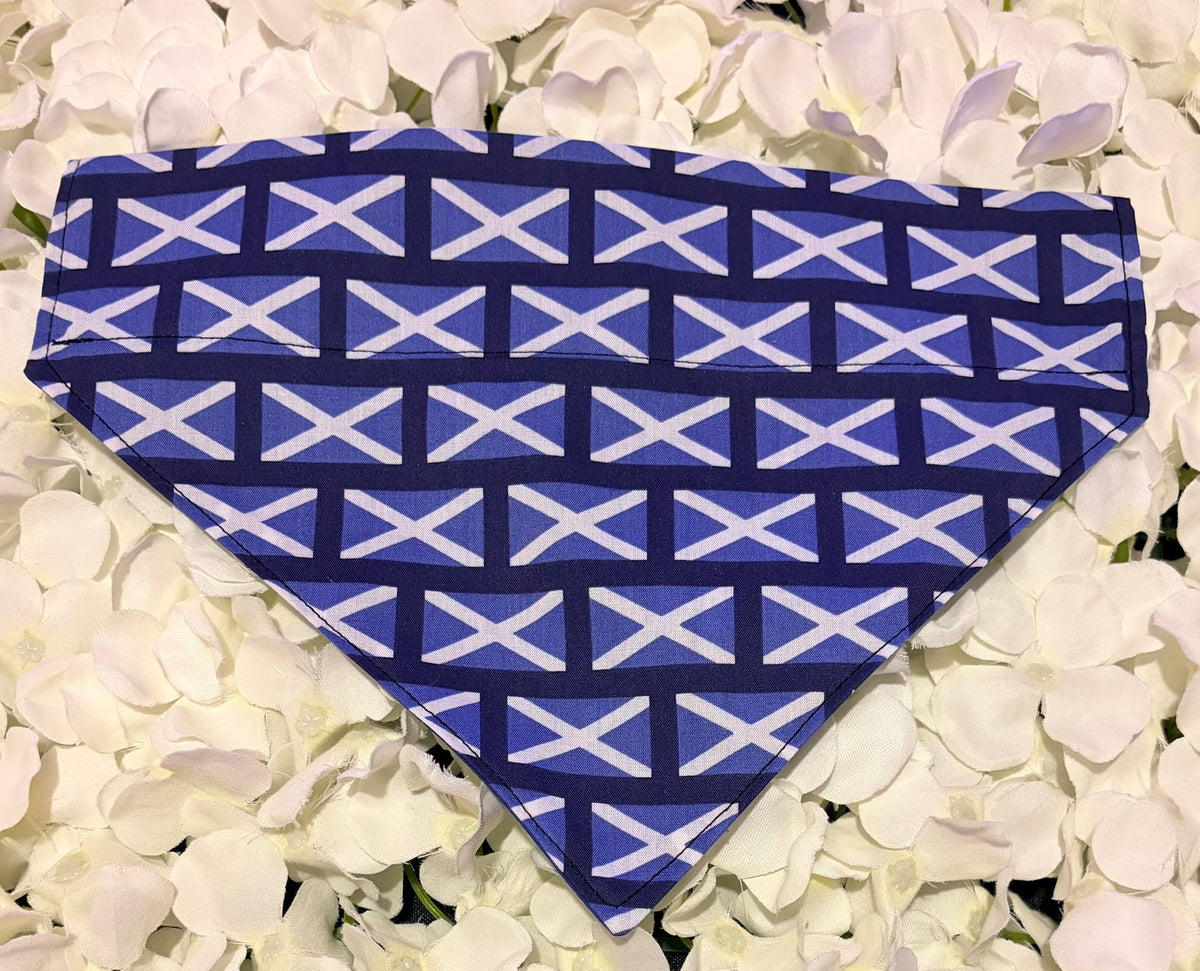 Scotland flag dog bandana with white saltire cross on royal blue background on white petals